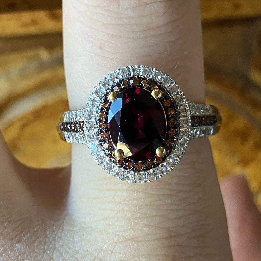 Natural Wine Garnet Sterling Silver Double Halo Ring Size 9